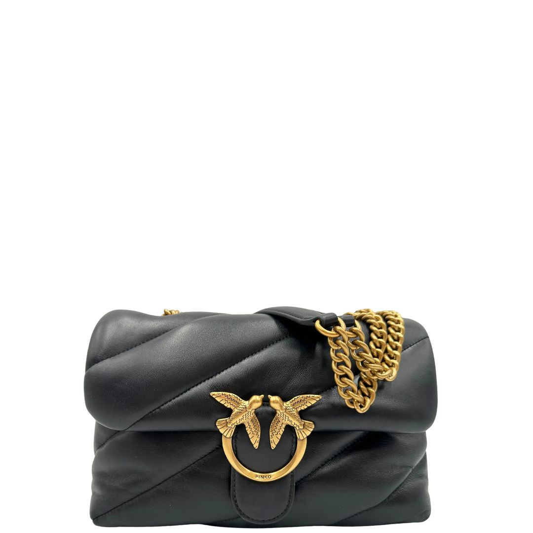 front  Borsa Pinko in pelle nera e hardware dorato con impunture chevron, di lusso, originale, ottime condizioni. 