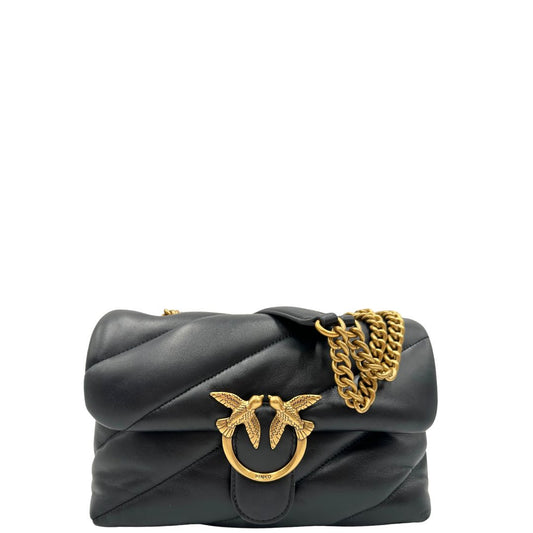 front  Borsa Pinko in pelle nera e hardware dorato con impunture chevron, di lusso, originale, ottime condizioni. 