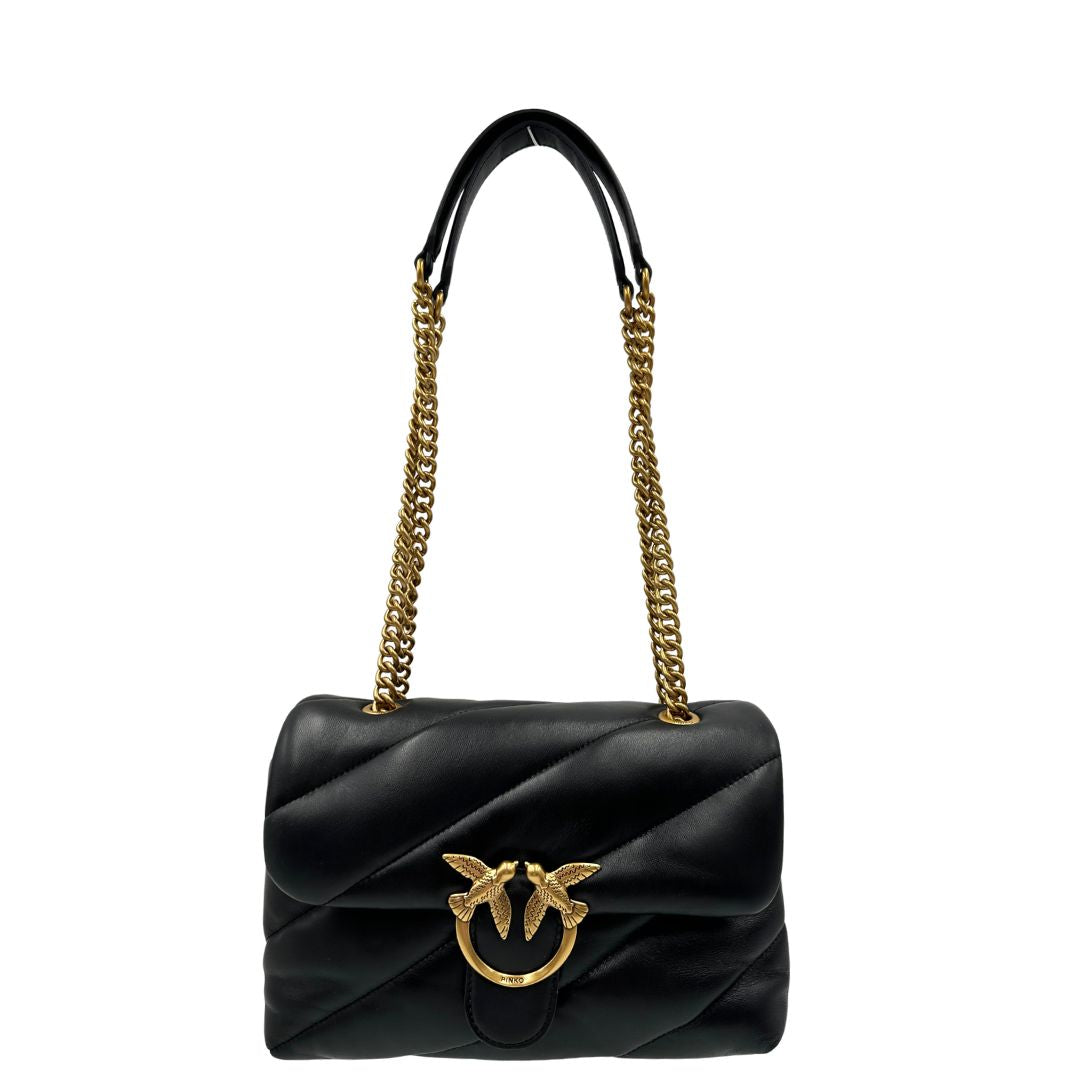 front  Borsa Pinko in pelle nera e hardware dorato con impunture chevron, di lusso, originale, ottime condizioni. 