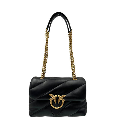 front  Borsa Pinko in pelle nera e hardware dorato con impunture chevron, di lusso, originale, ottime condizioni. 