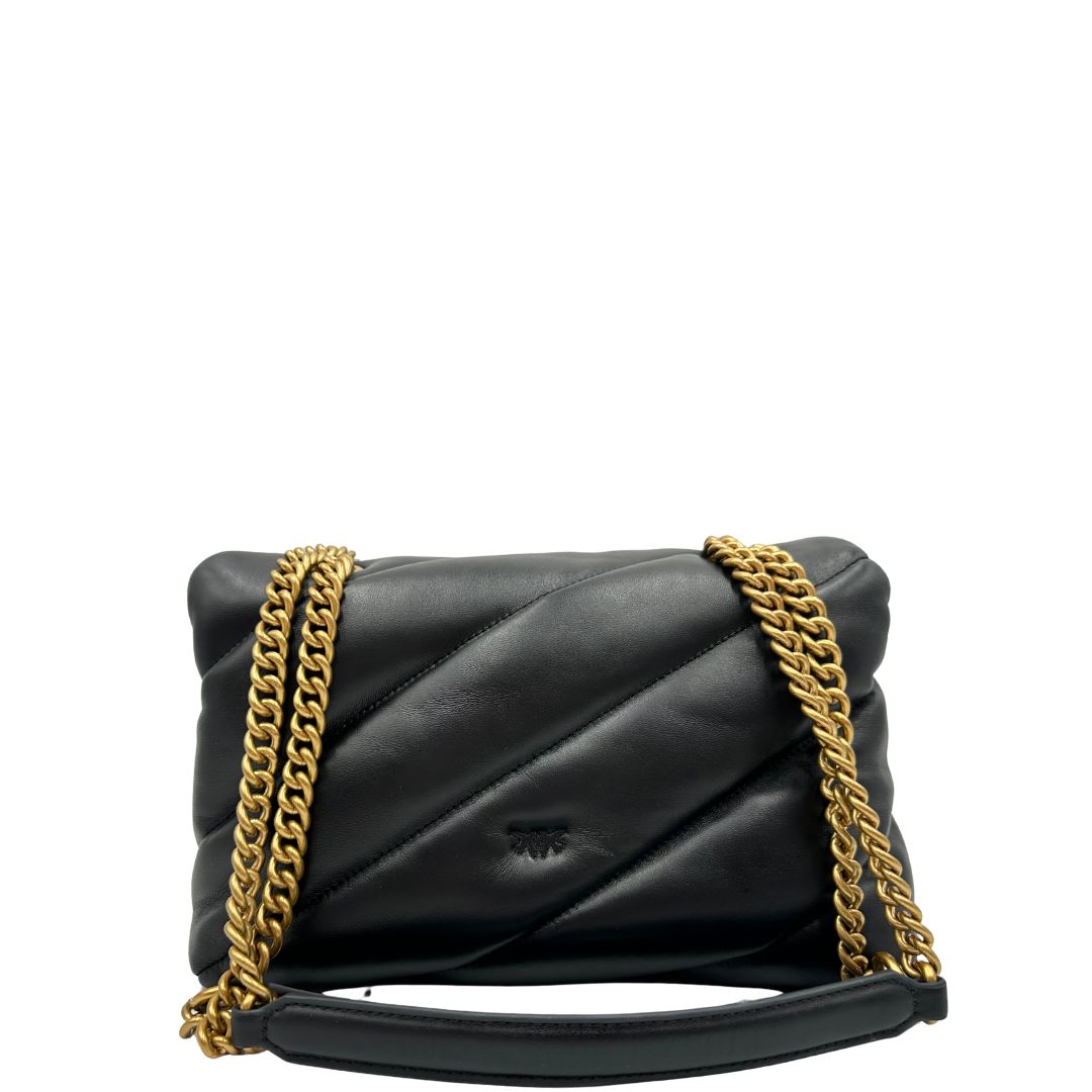 retro  Borsa Pinko in pelle nera e hardware dorato con impunture chevron, di lusso, originale, ottime condizioni.