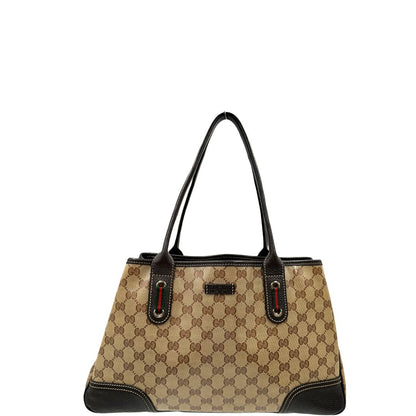 front Borsa Gucci in tela cerata GG con finiture in pelle marroni, munita di doppi manici in pelle, impreziosita da dettagli Web verdi e rossi, di lusso, originale, ottime condizioni, usata.