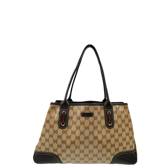 front Borsa Gucci in tela cerata GG con finiture in pelle marroni, munita di doppi manici in pelle, impreziosita da dettagli Web verdi e rossi, di lusso, originale, ottime condizioni, usata.