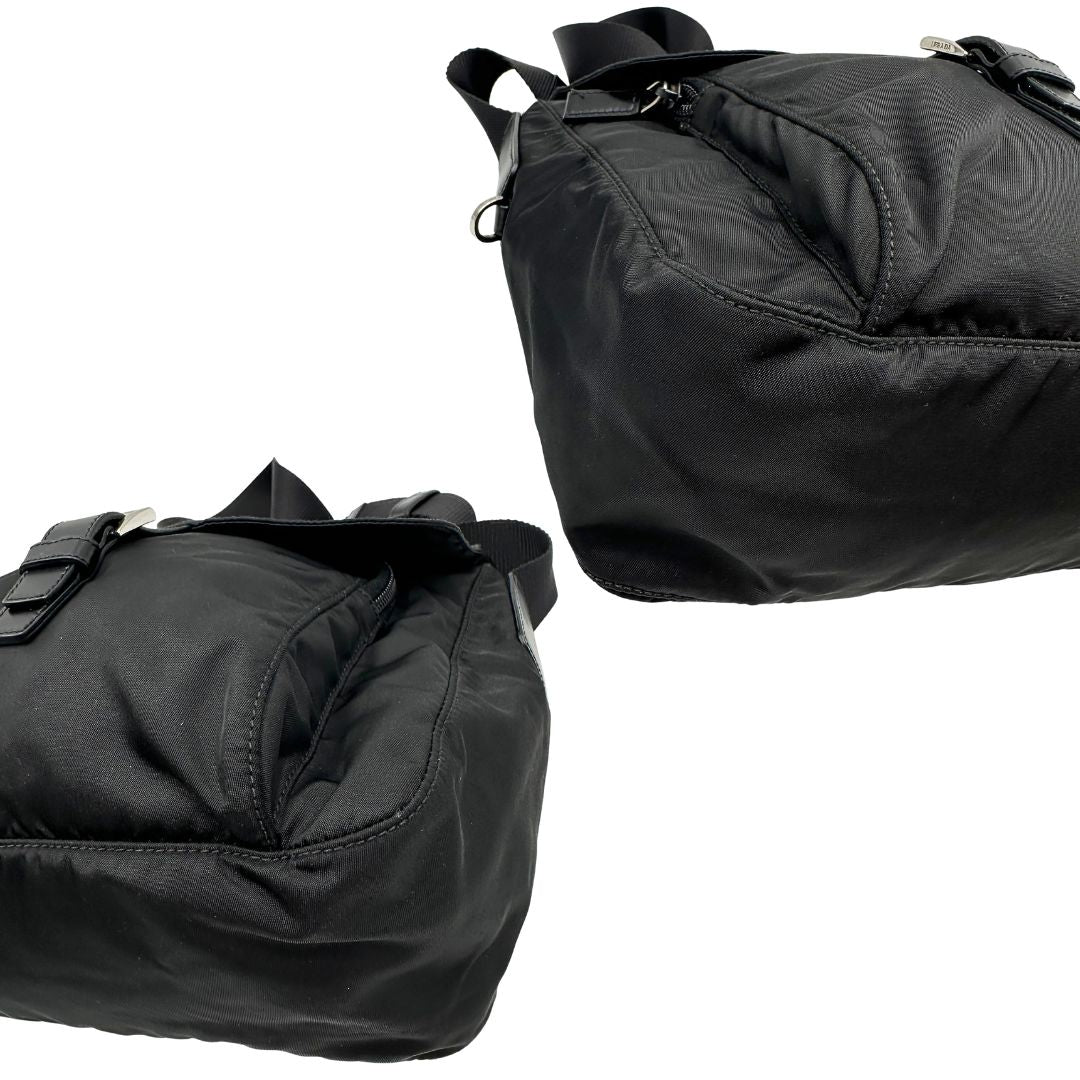 angoli Borsa Prada in nylon nero con finiture in pelle tono su tono; munita di una tracolla in tessuto regolabile, di lusso, originale, ottime condizioni. 