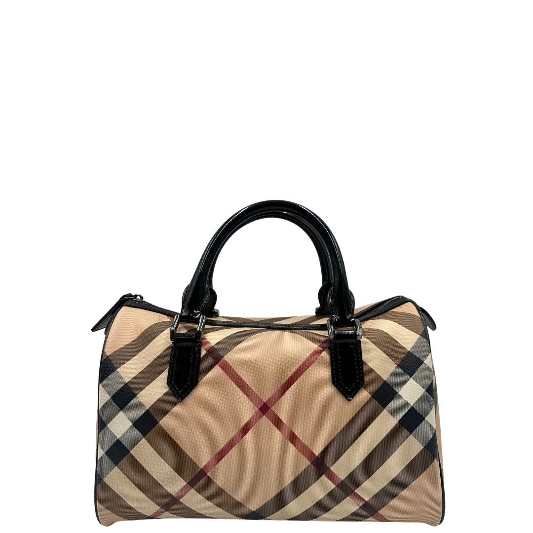 Bauletto Burberry in canvas tartan sui toni del beige e finiture in pelle verniciata nera, di lusso, originale.