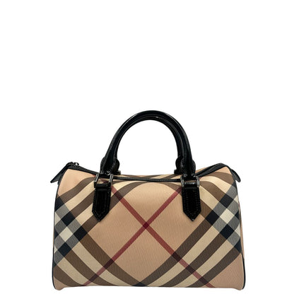 Bauletto Burberry in canvas tartan sui toni del beige e finiture in pelle verniciata nera, di lusso, originale.
