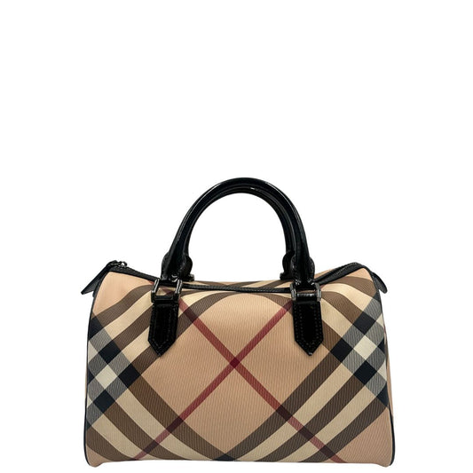 Bauletto Burberry in canvas tartan sui toni del beige e finiture in pelle verniciata nera, di lusso, originale.