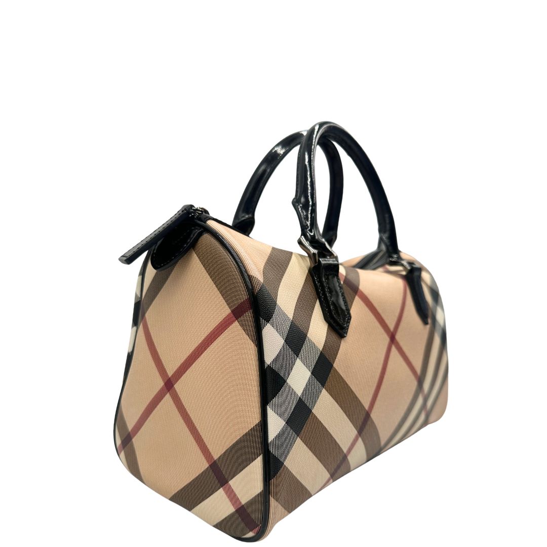 Bauletto Burberry in canvas tartan sui toni del beige e finiture in pelle verniciata nera, di lusso, originale.