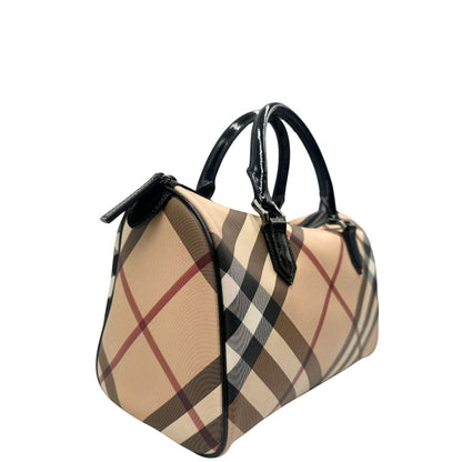 Bauletto Burberry in canvas tartan sui toni del beige e finiture in pelle verniciata nera, di lusso, originale.