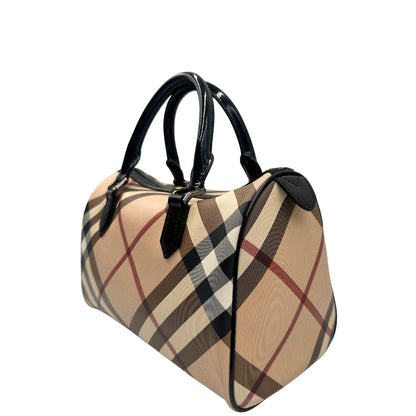 Bauletto Burberry in canvas tartan sui toni del beige e finiture in pelle verniciata nera, di lusso, originale.