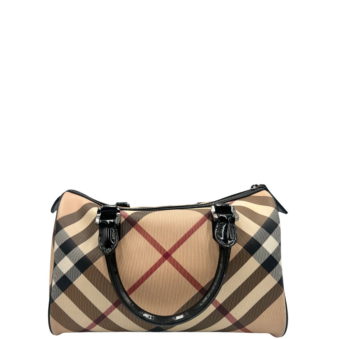 Bauletto Burberry in canvas tartan sui toni del beige e finiture in pelle verniciata nera, di lusso, originale.