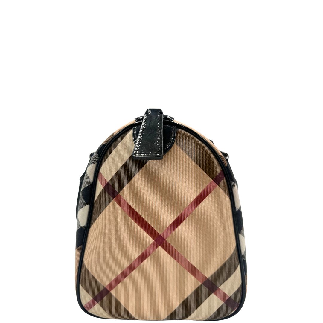 Bauletto Burberry in canvas tartan sui toni del beige e finiture in pelle verniciata nera, di lusso, originale.