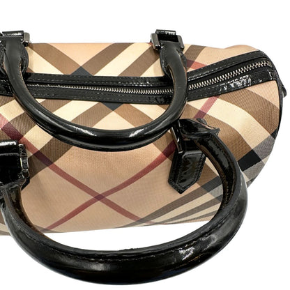 Bauletto Burberry in canvas tartan sui toni del beige e finiture in pelle verniciata nera, di lusso, originale.