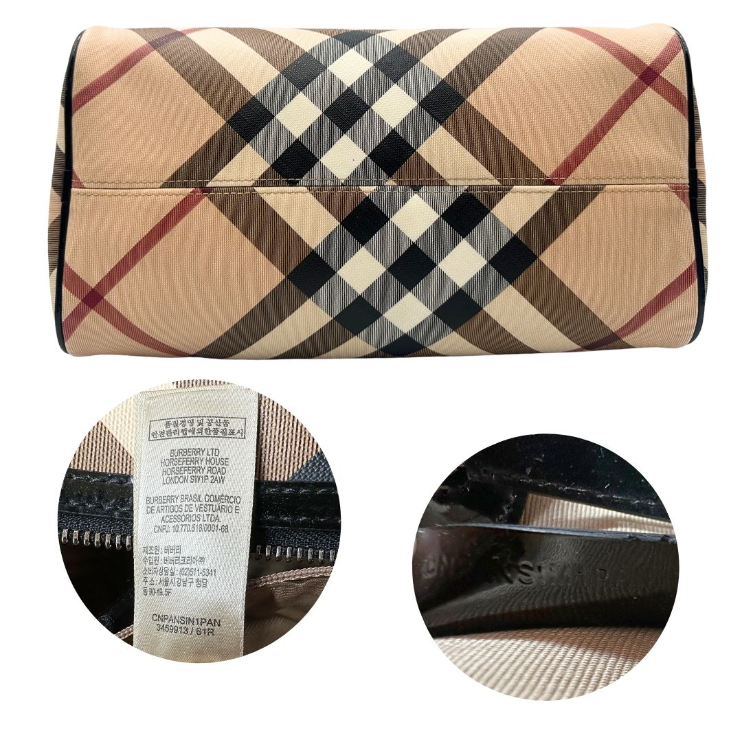 Bauletto Burberry in canvas tartan sui toni del beige e finiture in pelle verniciata nera, di lusso, originale.