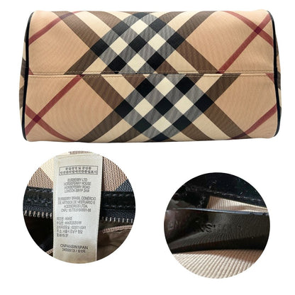 Bauletto Burberry in canvas tartan sui toni del beige e finiture in pelle verniciata nera, di lusso, originale.