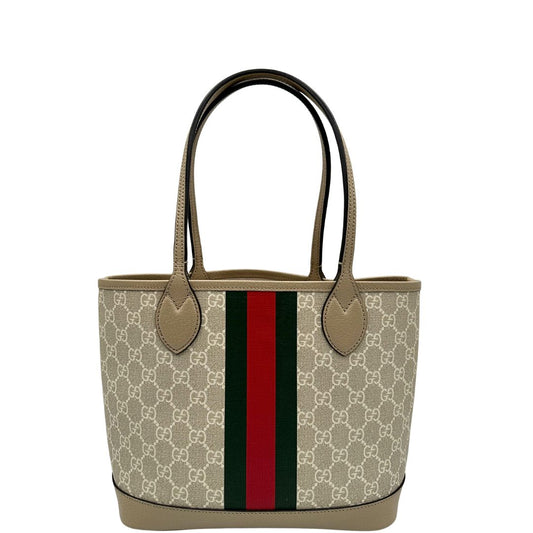front  Shopping Gucci Ophidia in canvas GG Supreme beige con iconica banda Web verde e rossa sul davanti, di lusso, originale, eccellenti condizioni. 