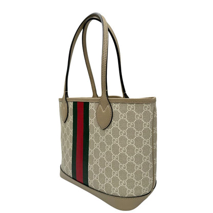 lato  Shopping Gucci Ophidia in canvas GG Supreme beige con iconica banda Web verde e rossa sul davanti, di lusso, originale, eccellenti condizioni. 