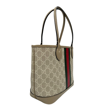 lato  Shopping Gucci Ophidia in canvas GG Supreme beige con iconica banda Web verde e rossa sul davanti, di lusso, originale, eccellenti condizioni. 
