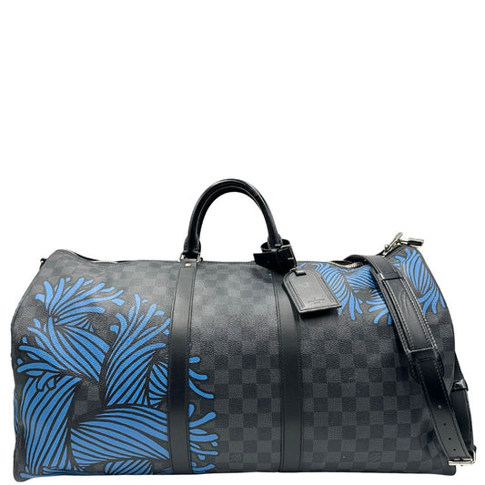 fro0nt Borsone Louis Vuitton Keepall in tela Damier Graphite con stampa artistica nei toni del blu, di lusso, originale, ottime condizioni, usato. 