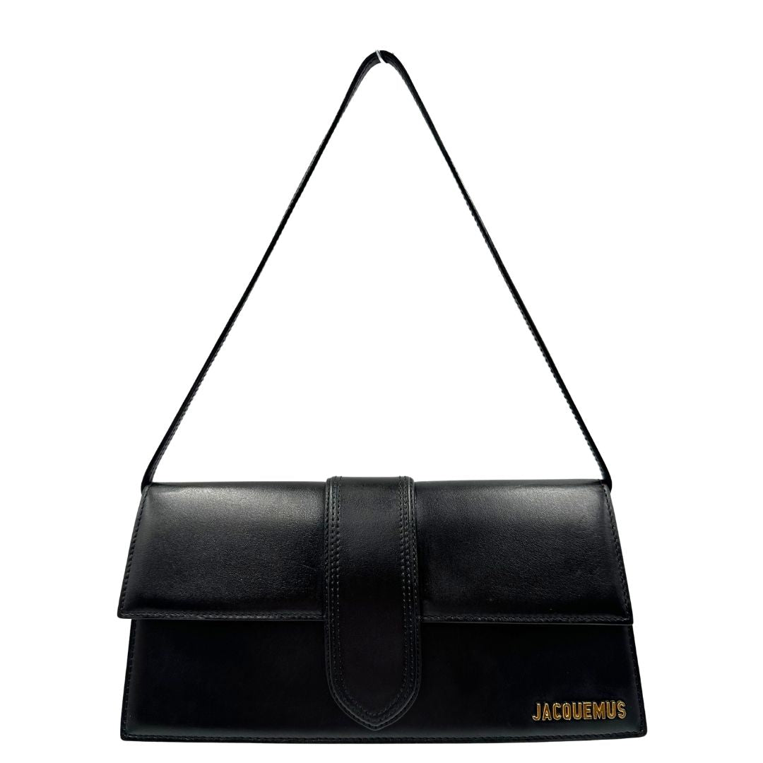 front Borsa Jacquemus Le Long Bambino in pelle nera con hardware dorato, di lusso, originale, ottime condizioni, usata. 