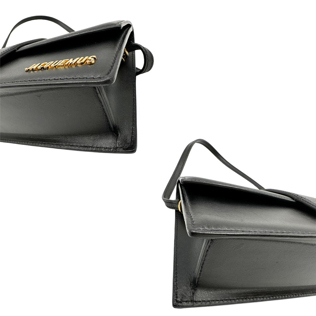 angoli Borsa Jacquemus Le Long Bambino in pelle nera con hardware dorato, di lusso, originale, ottime condizioni, usata. 