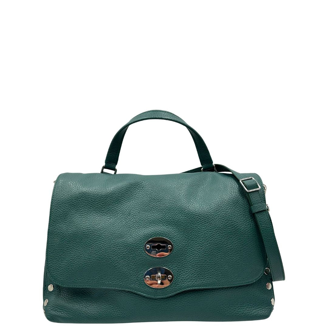 front  Postina M Zanellato color verde petrolio munita di una tracolla amovibile e regolabile e un manico singolo, di lusso, originale, ottime condizioni, usata. 