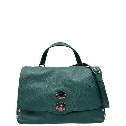 front  Postina M Zanellato color verde petrolio munita di una tracolla amovibile e regolabile e un manico singolo, di lusso, originale, ottime condizioni, usata. 
