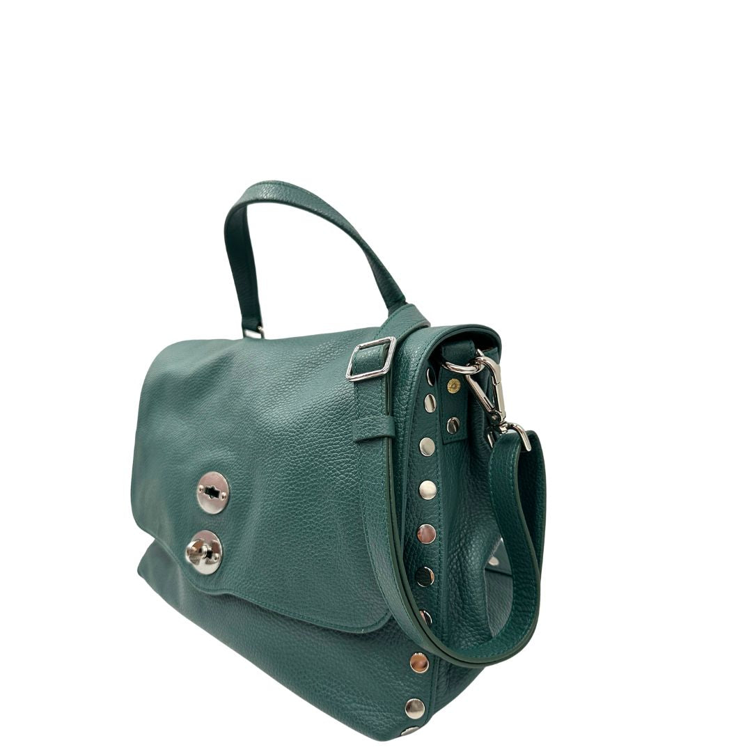 lato  Postina M Zanellato color verde petrolio munita di una tracolla amovibile e regolabile e un manico singolo, di lusso, originale, ottime condizioni, usata. 