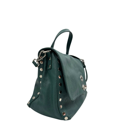 lato  Postina M Zanellato color verde petrolio munita di una tracolla amovibile e regolabile e un manico singolo, di lusso, originale, ottime condizioni, usata. 