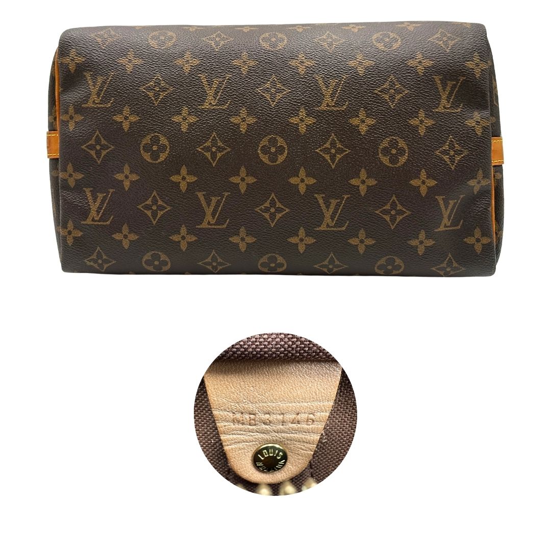 base  Bauletto Speedy 25 LV Bandoulière in canvas marrone monogram; da portare a spalla, a mano o a tracolla, di lusso, originale, ottime condizioni, usata.
