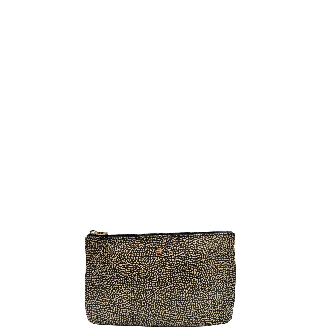 Front di una pochette Borbonese in tessuto nylon color beige e marrone trama occhio di pernice, usata, originale, second hand, in ottime condizioni.