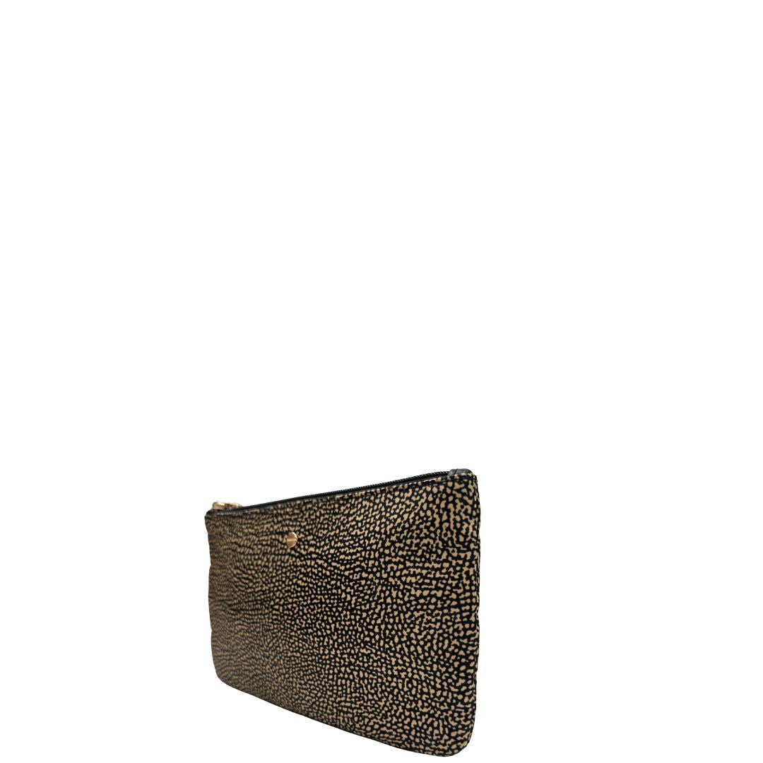 Laterale destro di una pochette Borbonese in tessuto nylon color beige e marrone trama occhio di pernice, usata, originale, second hand, in ottime condizioni. 