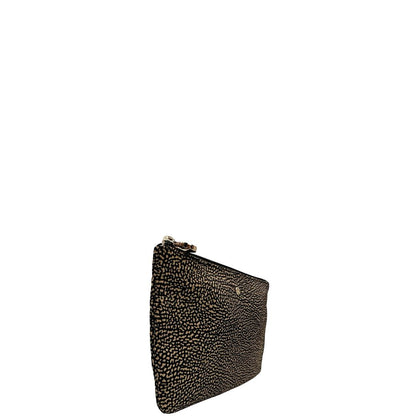 Laterale sinistro di una pochette Borbonese in tessuto nylon color beige e marrone trama occhio di pernice, usata, originale, second hand, in ottime condizioni.