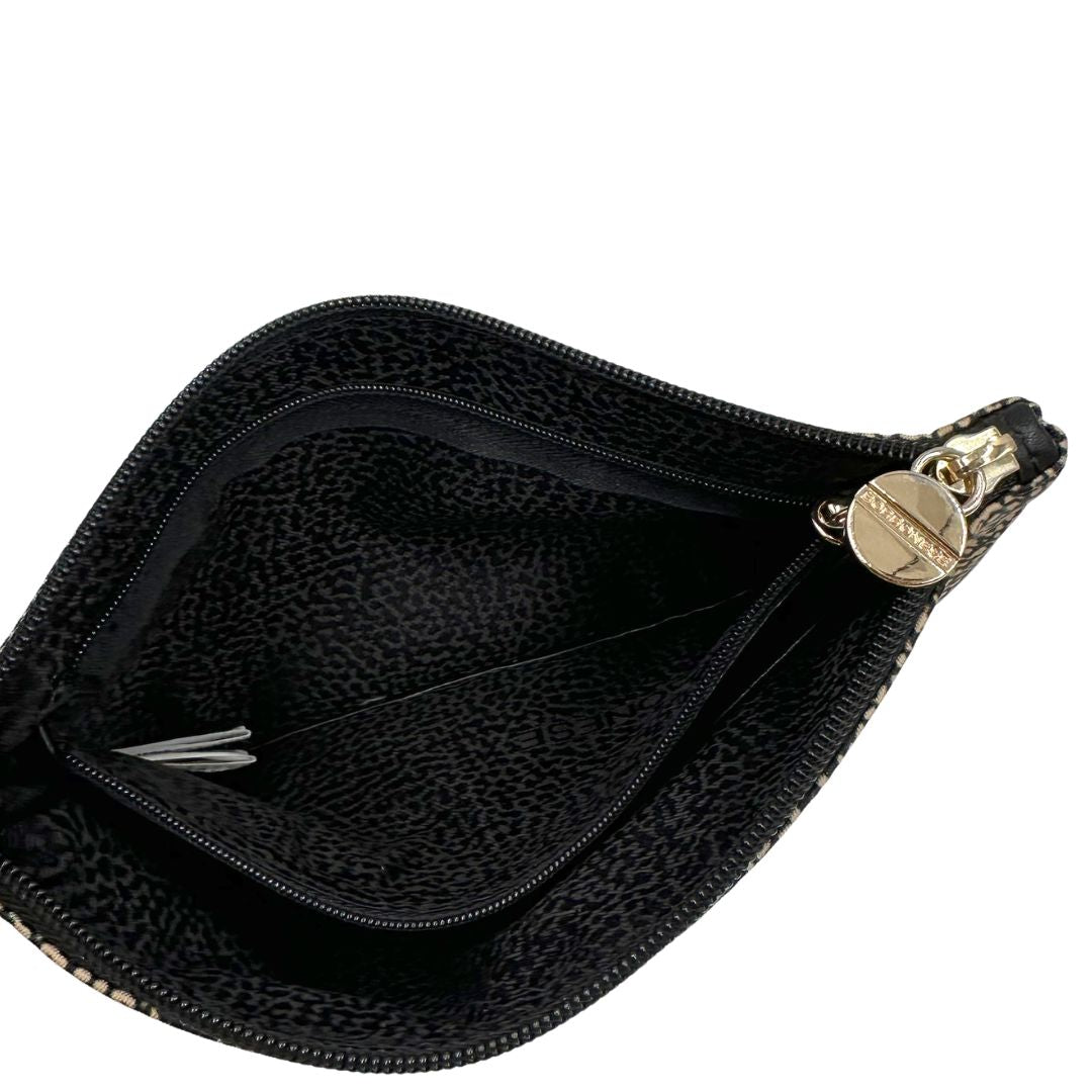 Interno di una pochette Borbonese in tessuto nylon color beige e marrone trama occhio di pernice, usata, originale, second hand, in ottime condizioni.
