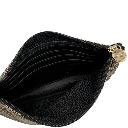 Interno di una pochette Borbonese in tessuto nylon color beige e marrone trama occhio di pernice, usata, originale, second hand, in ottime condizioni.