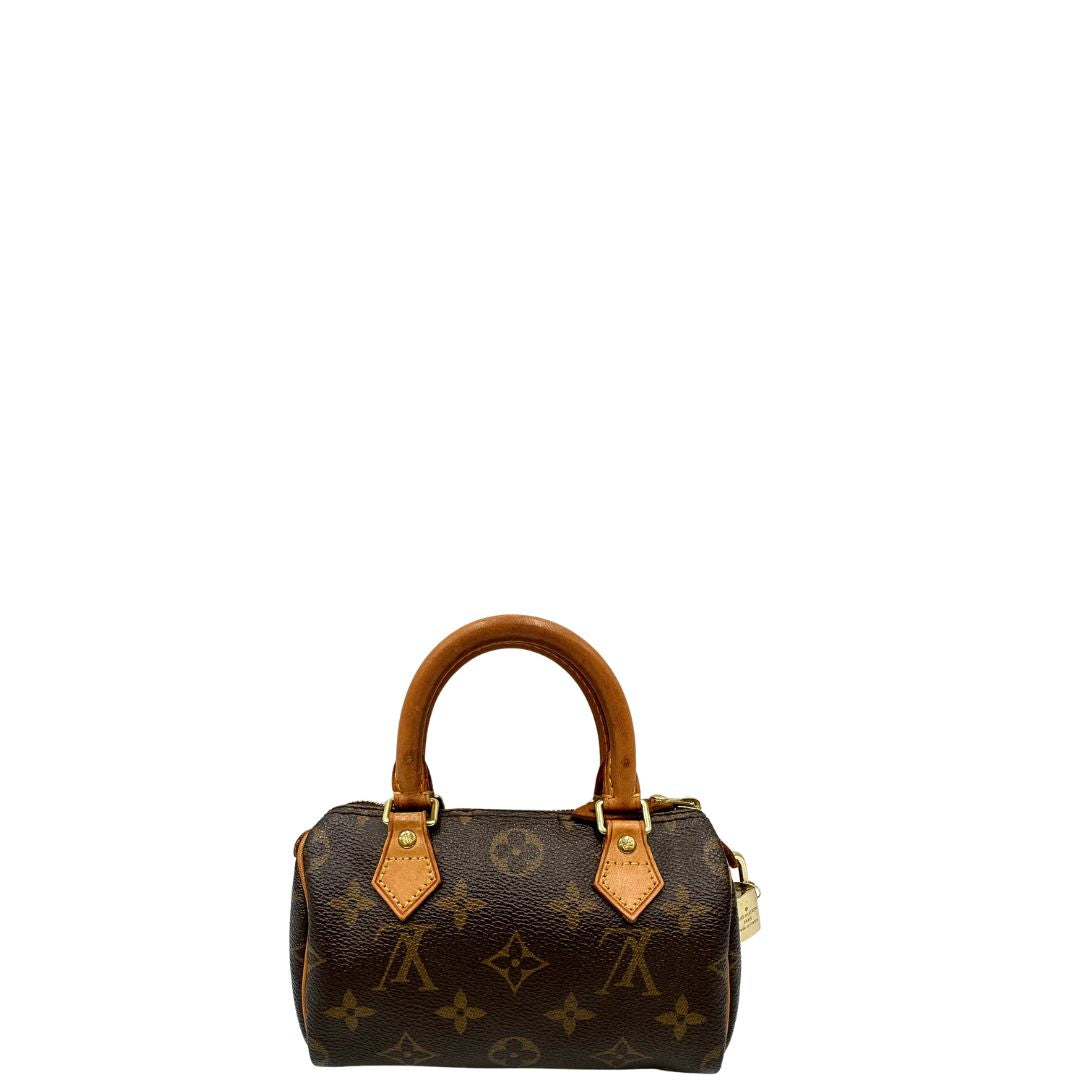Retro di uno Speedy Nano Louis Vuitton in canvas marrone monogram, usato, originale, second hand, in ottime condizioni.