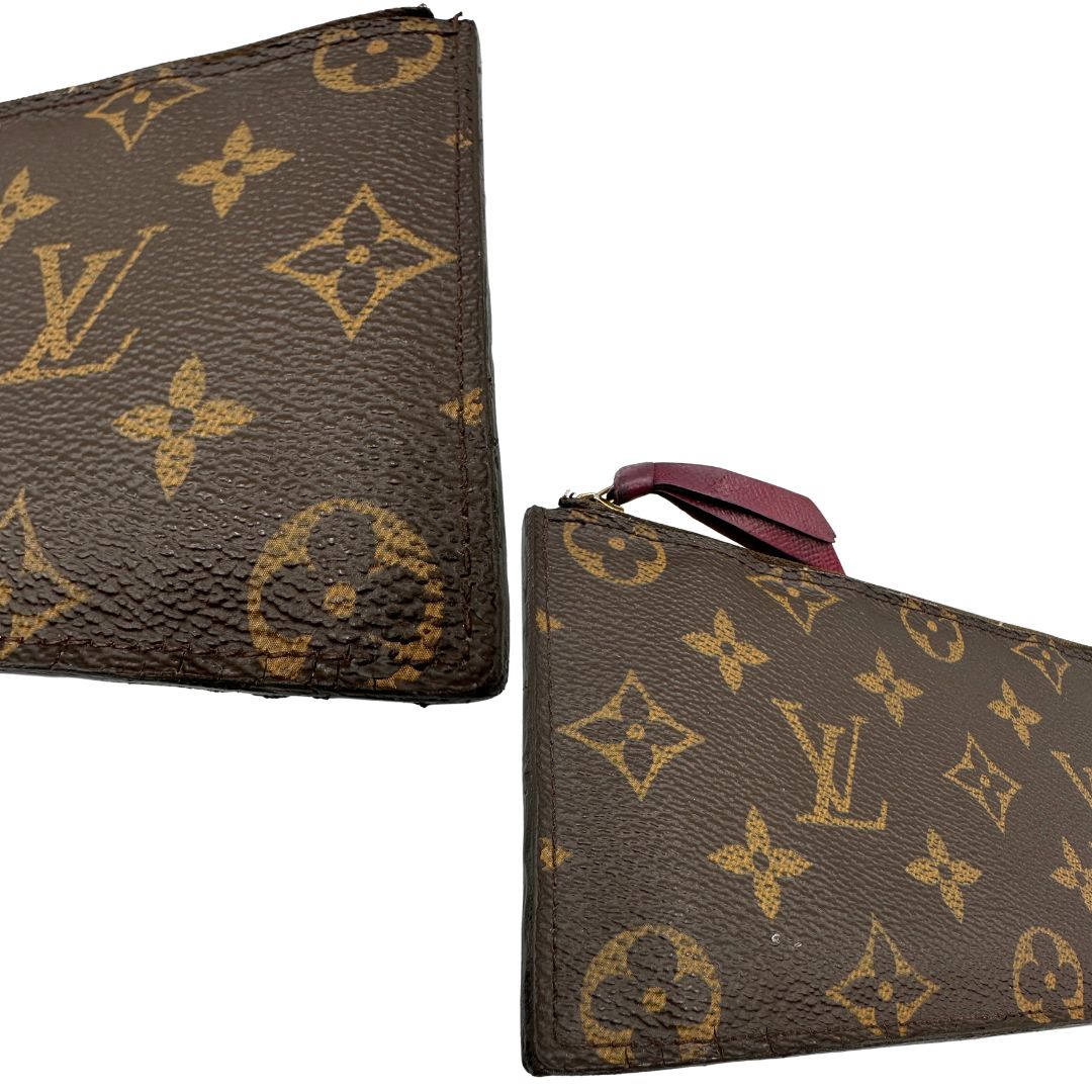 Difetti del canvas dell'accessorio estraibile di una tracolla Louis Vuitton marrone monogram ed amaranto, con parti metalliche dorate. Munita di una tracolla in catena amovibile, ma non regolabile, usata, originale, second hand, in ottime condizioni.
