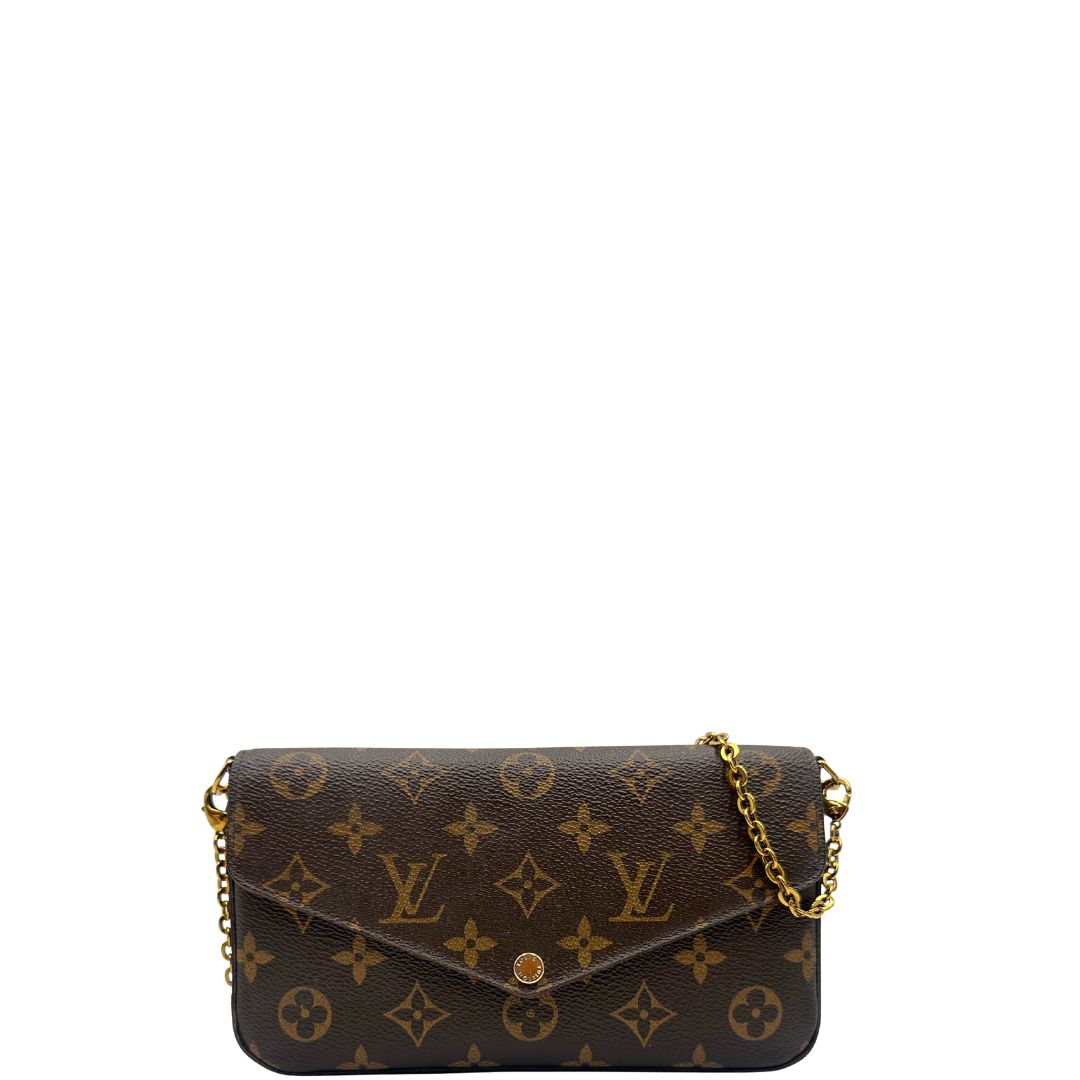Front di una tracolla Louis Vuitton in canvas marrone monogram ed amaranto, con parti metalliche dorate. Munita di una tracolla in catena amovibile, ma non regolabile e di accessori estraibili portamonete e portacarte, usata, originale, second hand, in ottime condizioni.