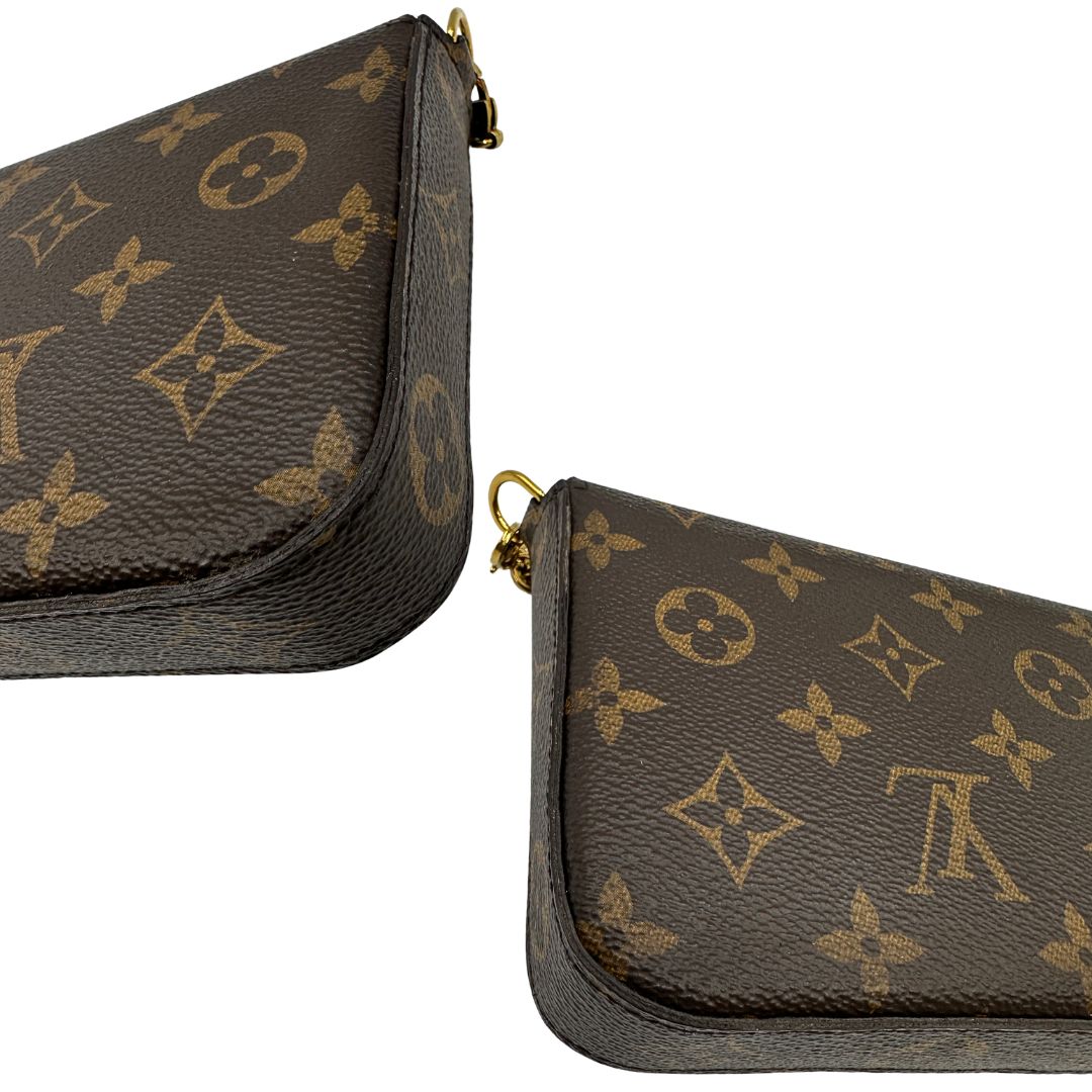 Angoli di una tracolla Louis Vuitton in canvas marrone monogram ed amaranto, con parti metalliche dorate. Munita di una tracolla in catena amovibile, ma non regolabile e di accessori estraibili portamonete e portacarte, usata, originale, second hand, in ottime condizioni.