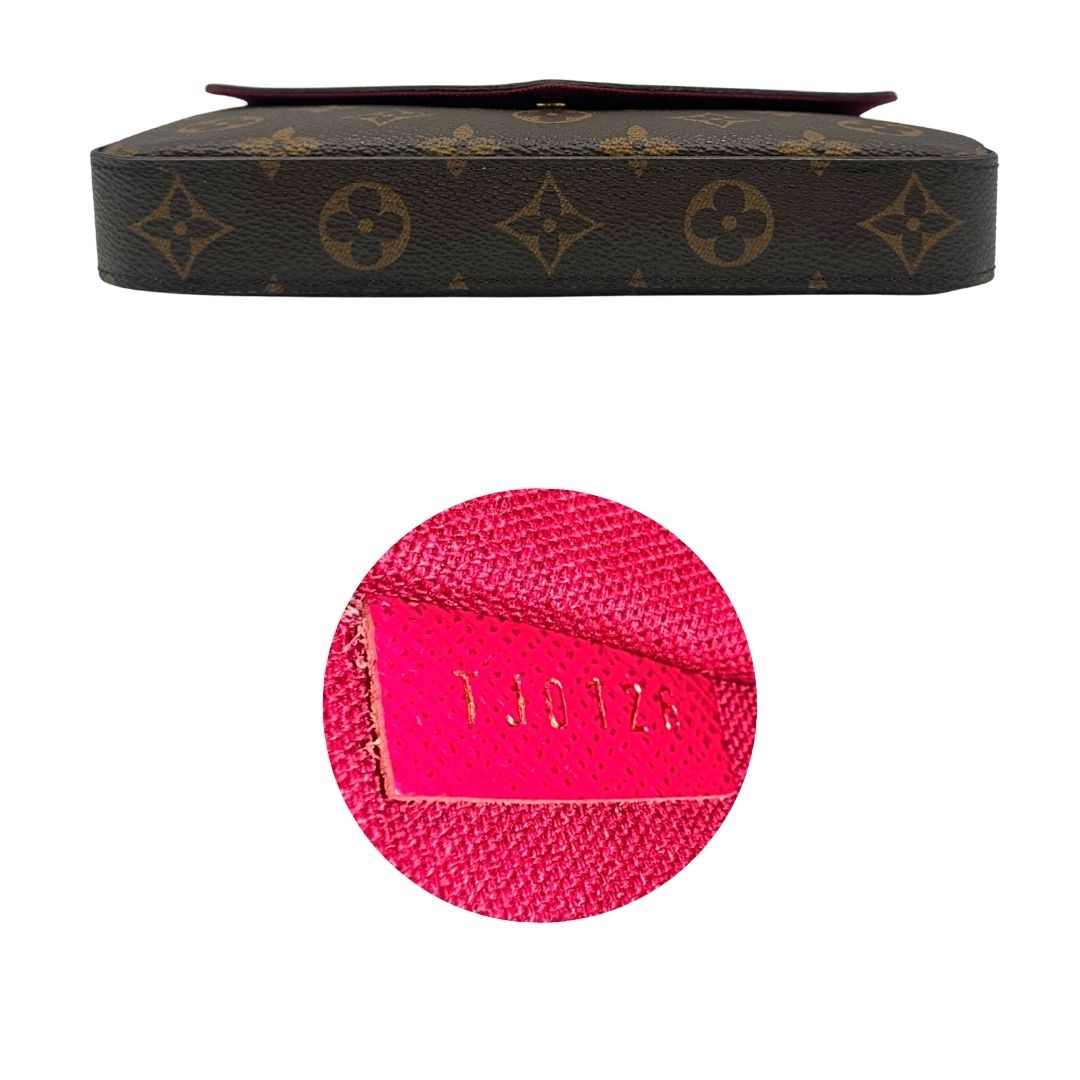 Base e codice di una tracolla Louis Vuitton in canvas marrone monogram ed amaranto, con parti metalliche dorate. Munita di una tracolla in catena amovibile, ma non regolabile e di accessori estraibili portamonete e portacarte, usata, originale, second hand, in ottime condizioni.