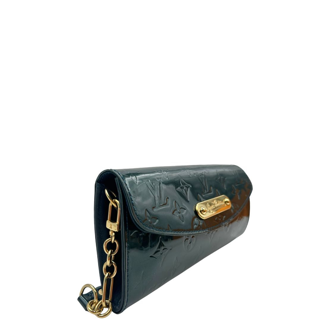 lato Pochette LV Sunset Boulevard in pelle vernis mongram color verde bottiglia, di lusso, originale, ottime condizioni, usata 