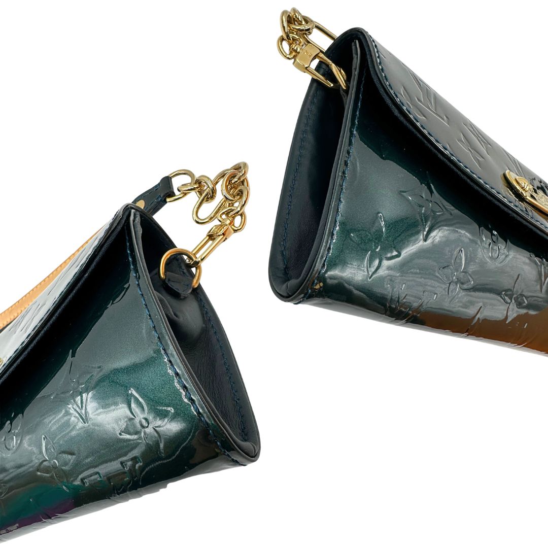 angoli Pochette LV Sunset Boulevard in pelle vernis mongram color verde bottiglia, di lusso, originale, ottime condizioni, usata 