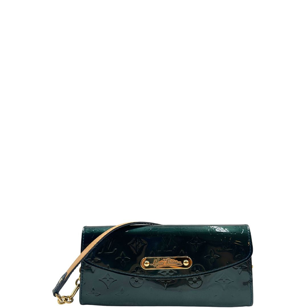 front Pochette LV Sunset Boulevard in pelle vernis mongram color verde bottiglia, di lusso, originale, ottime condizioni, usata 