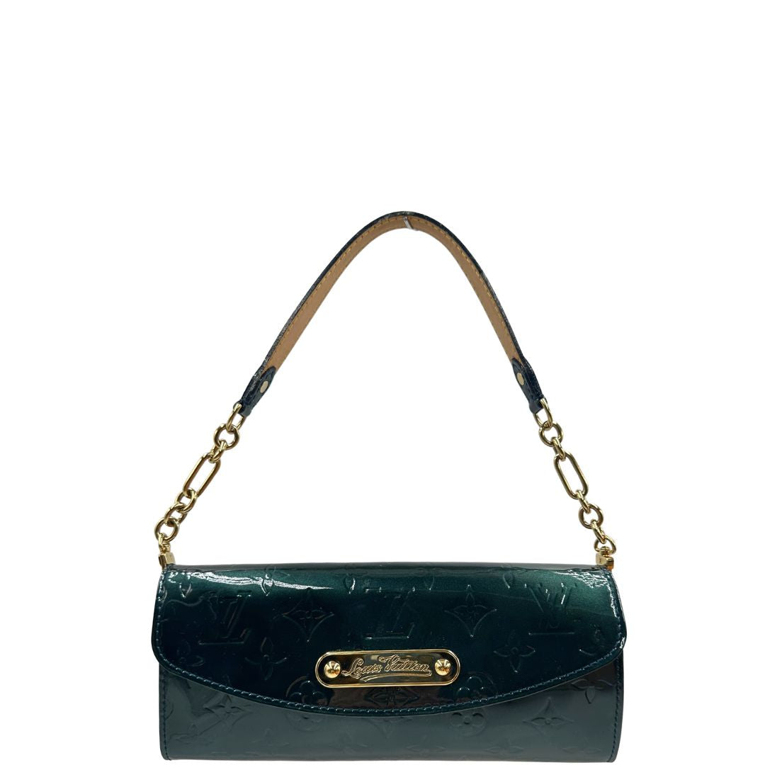 front Pochette LV Sunset Boulevard in pelle vernis mongram color verde bottiglia, di lusso, originale, ottime condizioni, usata 