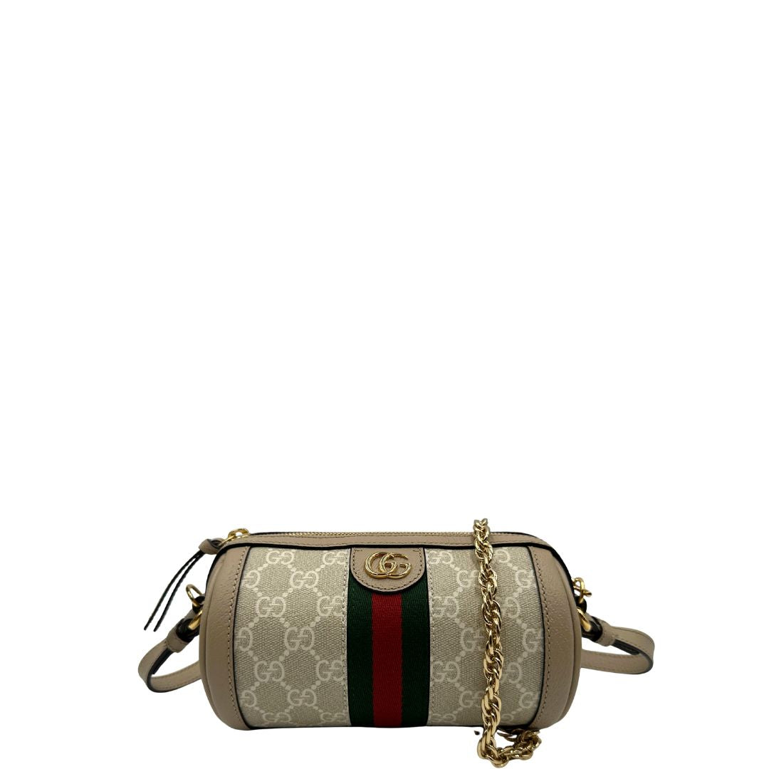 front Mini bag Ophidia Gucci in canvas GG color sabbia e finiture in pelle beige, di lusso, originale, eccellenti condizioni 