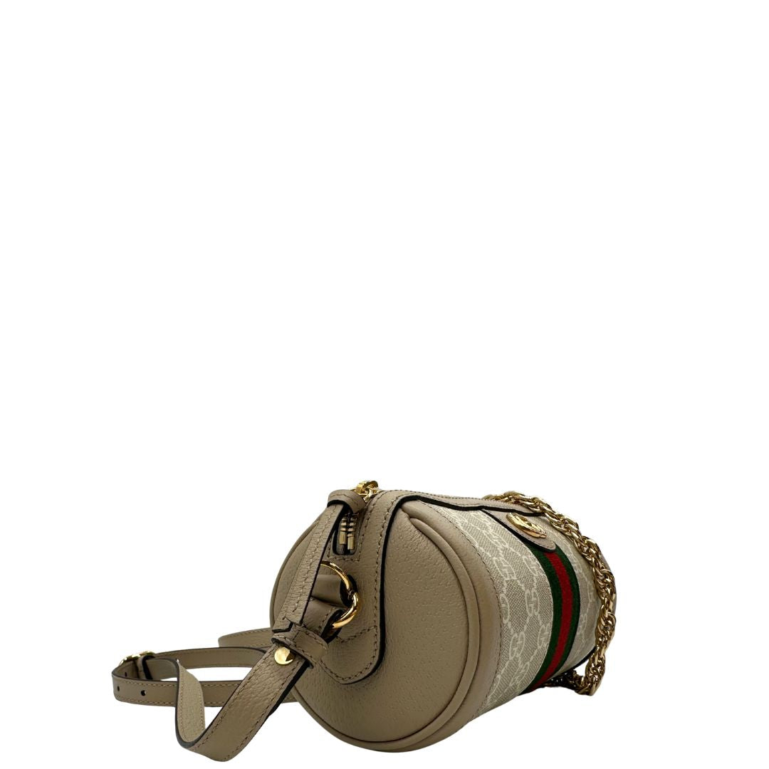 lato Mini bag Ophidia Gucci in canvas GG color sabbia e finiture in pelle beige, di lusso, originale, eccellenti condizioni 