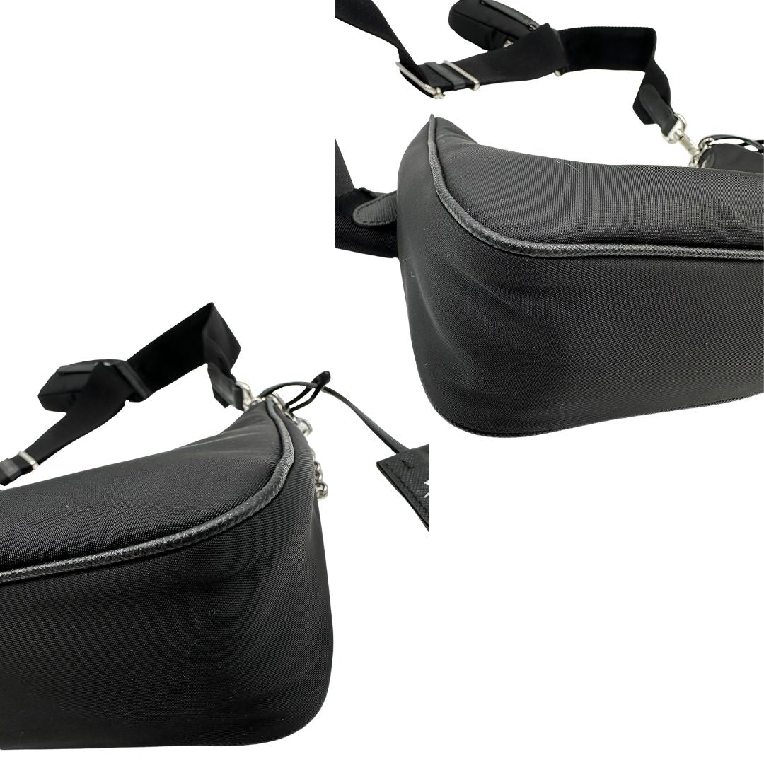 Borsa Prada in re-nylon nero con finiture in pelle saffiano tono su tono, di lusso, originale