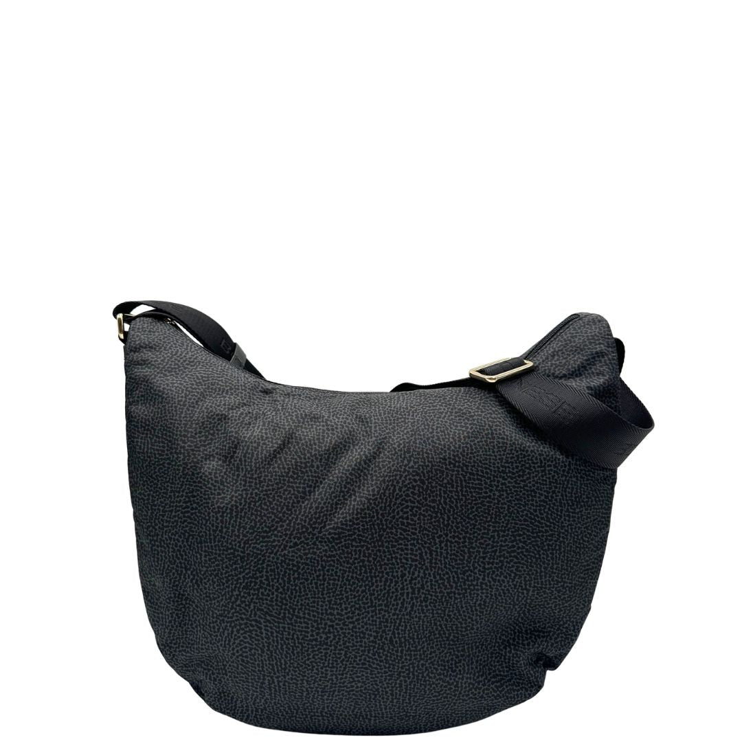 Front, Borsa Borbonese in poliestere color nero e grigio antracite trama occhio di pernice, morbida e capiente, presenta una tracolla regolabile e dettagli metallici color oro. Originale, usata, di lusso, in condizioni eccellenti.