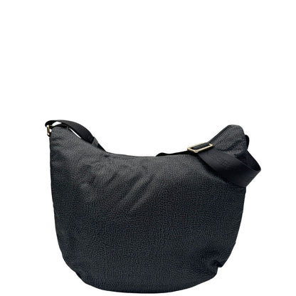Front, Borsa Borbonese in poliestere color nero e grigio antracite trama occhio di pernice, morbida e capiente, presenta una tracolla regolabile e dettagli metallici color oro. Originale, usata, di lusso, in condizioni eccellenti.