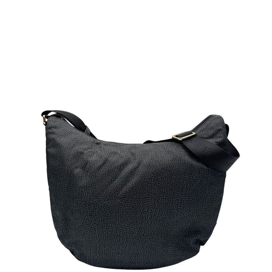 Front, Borsa Borbonese in poliestere color nero e grigio antracite trama occhio di pernice, morbida e capiente, presenta una tracolla regolabile e dettagli metallici color oro. Originale, usata, di lusso, in condizioni eccellenti.